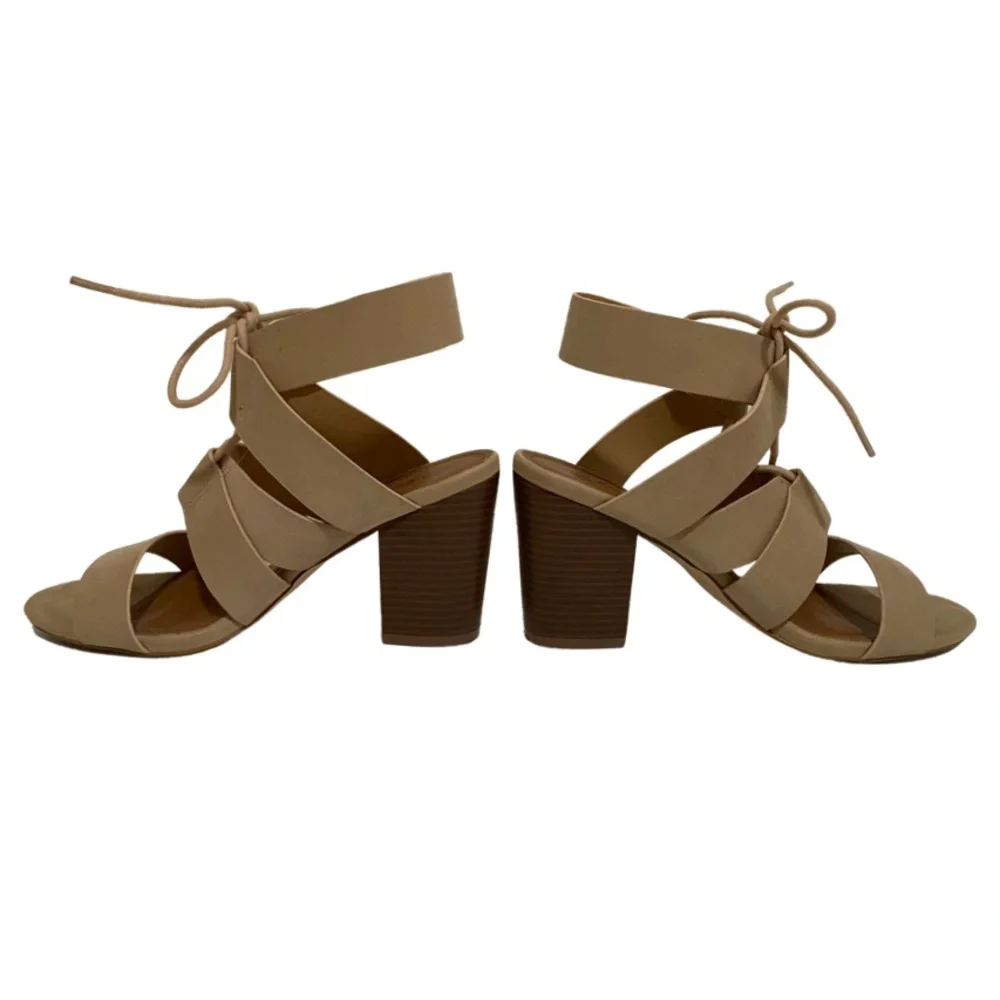 Faux Suede Tan and Brown lace up block heel sandals - Picture 7 of 9